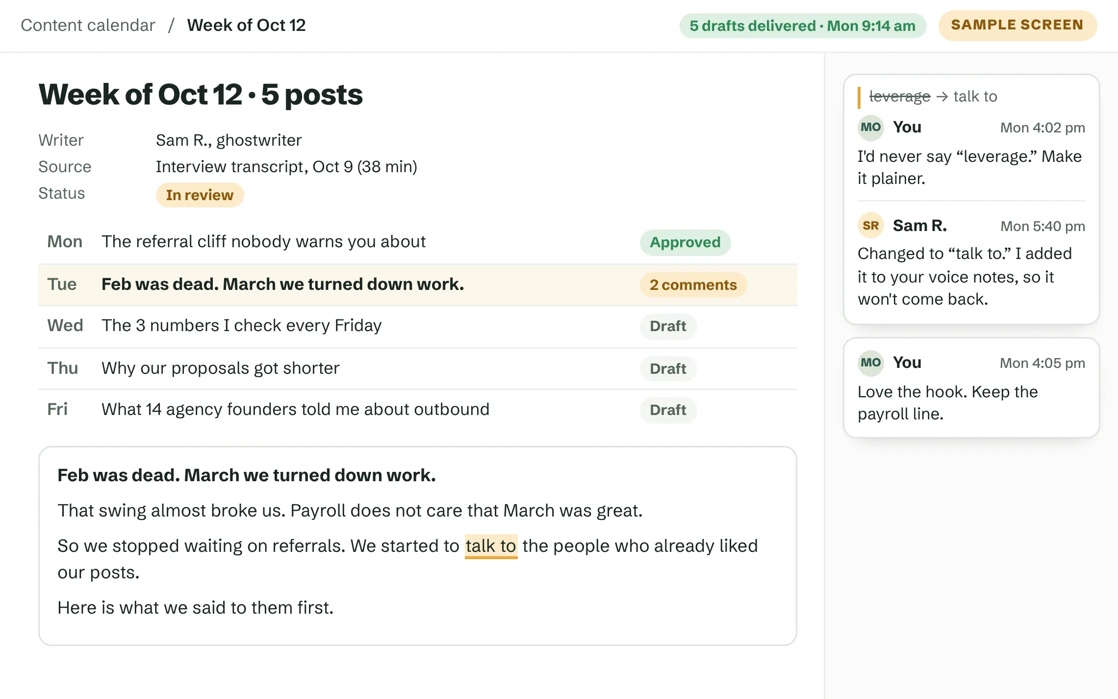 Sample screen: a week of five post drafts, with a comment thread between the founder and the ghostwriter.