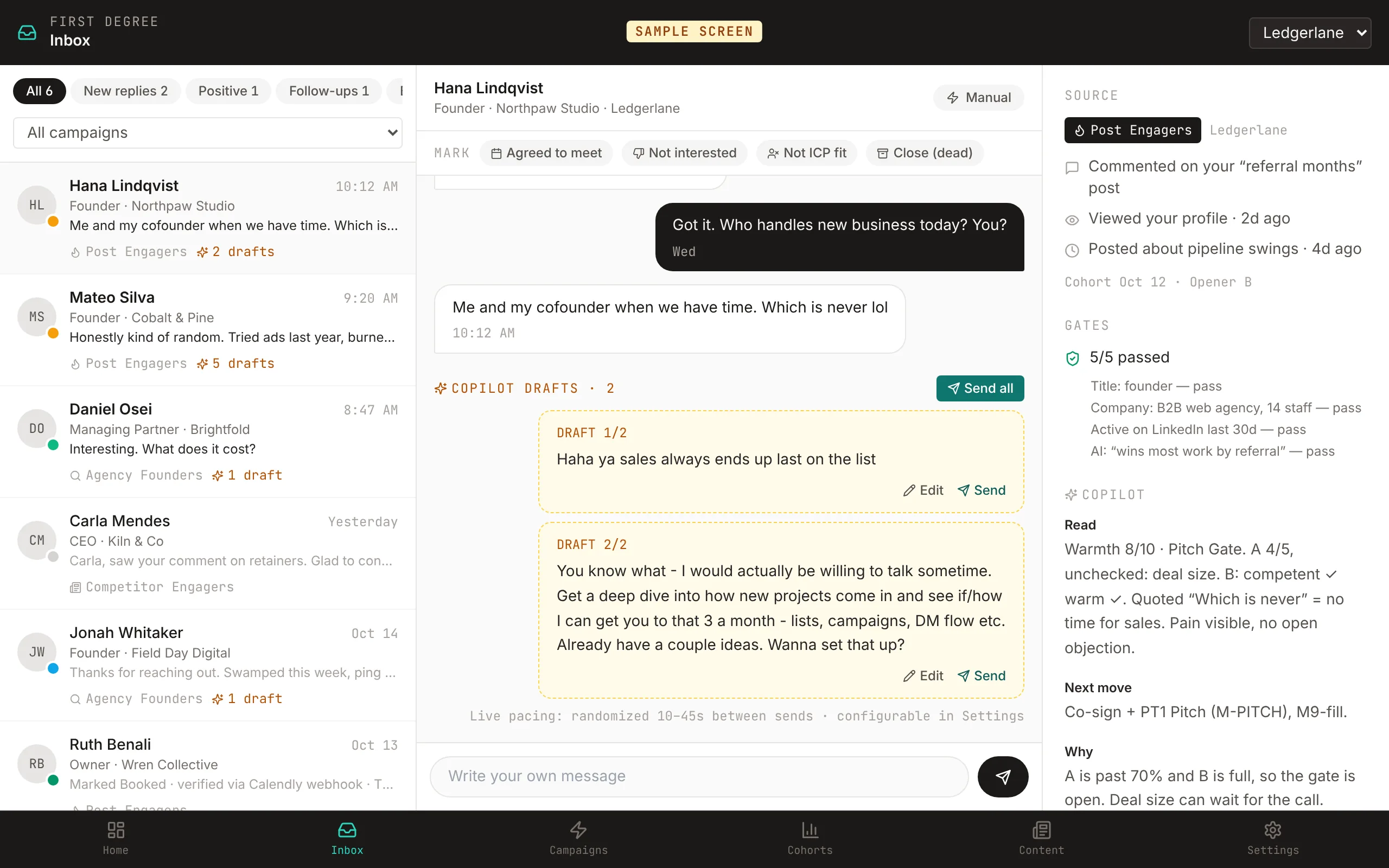 Sample screen: the inbox with a LinkedIn conversation, the Copilot's drafted pitch, and its read, next move, and reason.